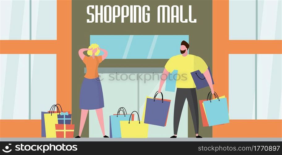 Couple after shopping near shopping mall.Woman and man with lots of shopping bags,trendy style design,flat vector illustration