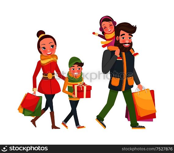 Couple and children with bags full of presents, gift boxes and packages, vector. Happy family mother, father small daughter and son returns from shopping. Couple and Children Bags, Presents, Gift Boxes