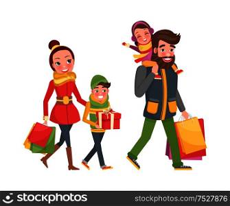 Couple and children with bags full of presents, gift boxes and packages, vector. Happy family mother, father small daughter and son returns from shopping. Couple and Children Bags, Presents, Gift Boxes