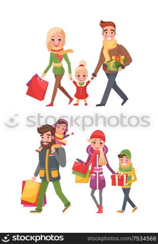 Couple and children with bags full of presents, gift boxes on Christmas eve. Happy family mother, father small daughter and son returns from shopping.. Couple, Children Bags Full of Presents, Christmas