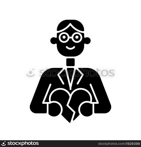 Couple and family counsellor black glyph icon. Relationship counselling. Marriage therapy. Mental health issues in romantic relations. Silhouette symbol on white space. Vector isolated illustration. Couple and family counsellor black glyph icon