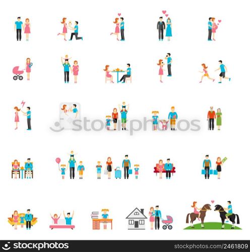 Couple and family flat figures. People child girl daddy brother infant daughter sister mom. Vector illustration. Couple and family flat figures