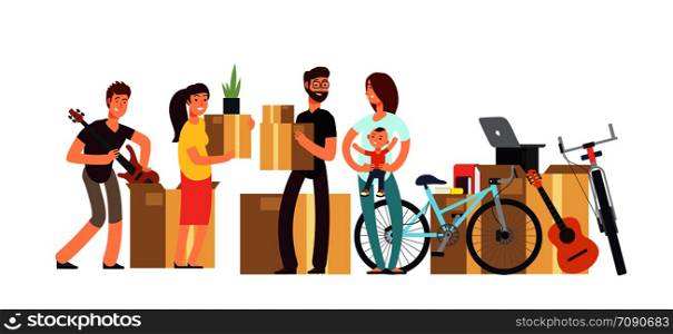 Couple and kids holding cardboard box with household stuff. Moving day vector concept. Illustration of cardboard box for moving, delivery package relocation. Couple and kids holding cardboard box with household stuff. Moving day vector concept