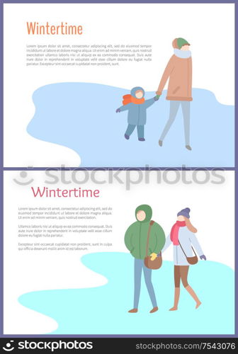 Couple and mum with child going outdoor in jacket with scarf and hat with mittens. Walking people in wintertime. Set of characters, card with text vector. Going Couple and Mum with Kid in Wintertime Vector