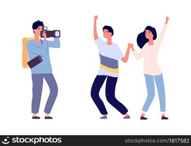Couple and photographer. Photo session, happy young man woman posing for camera. Professional camera and models vector illustration. Photographer camera, couple love happy. Couple and photographer. Photo session, happy young man woman posing for camera. Professional camera and models vector illustration