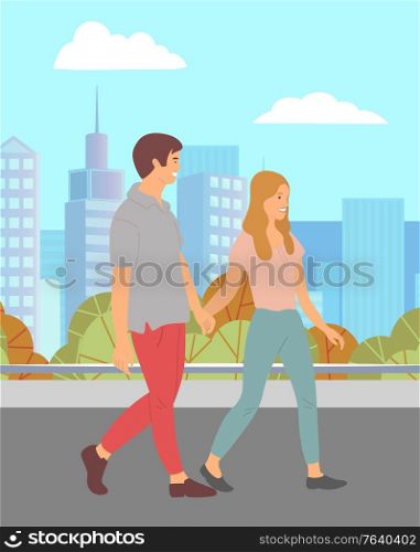Couple at date in autumn park. Man and woman holding hands walking at street in city. Cityscape with skyscrapers and clouds at sky. Romantic pair in love. Boyfriend and girlfriend dating vector. Couple Walking in Autumn Park Man and Woman Dating