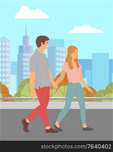 Couple at date in autumn park. Man and woman holding hands walking at street in city. Cityscape with skyscrapers and clouds at sky. Romantic pair in love. Boyfriend and girlfriend dating vector. Couple Walking in Autumn Park Man and Woman Dating