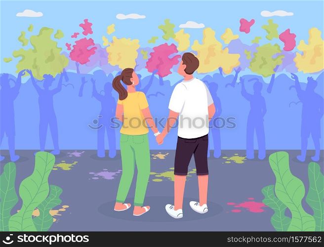 Couple at Holi fest flat color vector illustration. Boy and girl watch performance. Traditional Indian festival. Boyfriend and girlfriend 2D cartoon characters with crowd of people on background. Couple at Holi fest flat color vector illustration