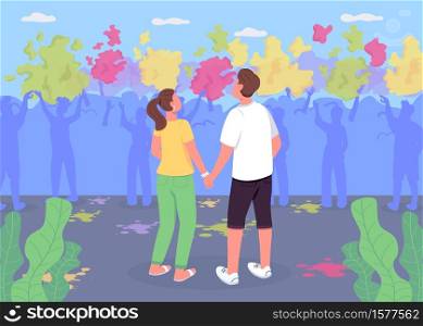 Couple at Holi fest flat color vector illustration. Boy and girl watch performance. Traditional Indian festival. Boyfriend and girlfriend 2D cartoon characters with crowd of people on background. Couple at Holi fest flat color vector illustration