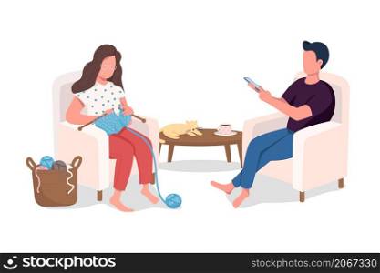 Couple at home resting semi flat color vector characters. Sitting figures. Full body people on white. Cosy lifestyle isolated modern cartoon style illustration for graphic design and animation. Couple at home resting semi flat color vector characters