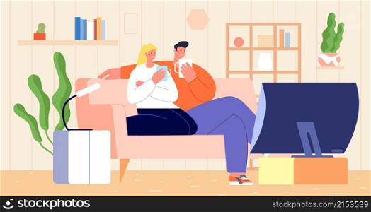 Couple at home together. People relax in apartment on sofa, boy hugging girl. Woman man drink tea in living room and watch tv vector. Illustration peopel on couch sitting, boyfriend and girlfriend. Couple at home together. People relax in apartment on sofa, boy hugging girl. Woman man drink tea in living room and watch tv utter vector scene