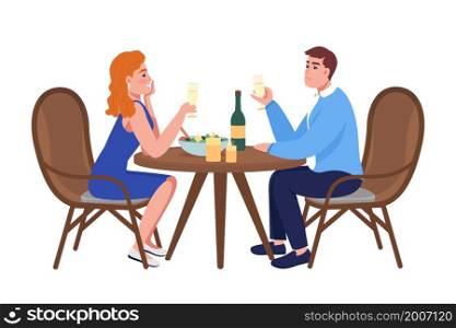Couple at romantic dinner semi flat color vector characters. Sitting figures. Full body people on white. Celebrate isolated modern cartoon style illustration for graphic design and animation. Couple at romantic dinner semi flat color vector characters