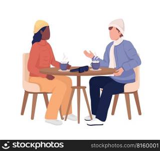 Couple at ski resort drinking hot beverages semi flat color vector characters. Editable figures. Full body people on white. Simple cartoon style illustration for web graphic design and animation. Couple at ski resort drinking hot beverages semi flat color vector characters