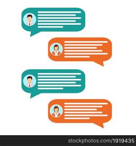 Couple avatar icons with dialog speech bubbles. Male and female faces avatars. Discussion group, people talking. Vector illustration in flat style. Couple avatar icons with dialog speech bubbles.