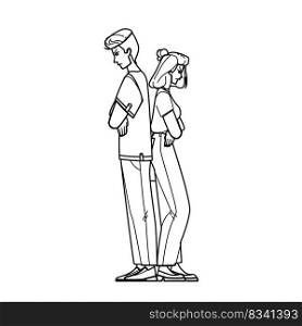 couple back to back line pencil drawing vector. man woman, love male, young two together, female, girl, beautiful relationship couple back to back character. people Illustration. couple back to back vector