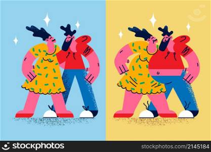 Couple before and after diet. Young man and woman do sports lose weight show good results of nutrition and calorie count. Healthy lifestyle. Wellness concept. Flat vector illustration. . Couple weight change before and after diet