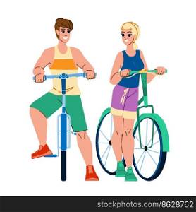 couple biking vector. woman bike man, summer bicycle, active lifestyle, ride leisure, sport adult, nature happy, fun outdoor couple biking character. people flat cartoon illustration. couple biking vector
