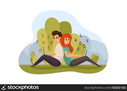 Couple, blogging, coding concept. Young smart couple in love people man boy programmer and woman or girl blogger cartoon characterr working together on laptops. Modern technological jobs illustration.. Couple, blogging, coding concept
