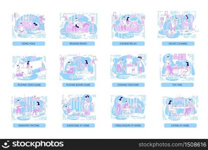 Couple bonding flat silhouette vector illustrations set. Man and woman spending time at home. Family outline characters on blue background. Lifestyle and hobbies simple style drawings pack. Couple bonding flat silhouette vector illustrations set