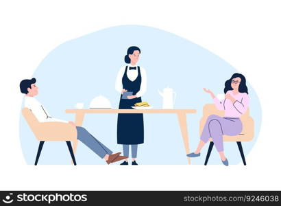 Couple breakfast in cafe or restaurant and order dishes. Waiter working with clients, woman man drink coffee. Lunch meeting vector scene of breakfast couple in restaurant illustration. Couple breakfast in cafe or restaurant and order dishes. Waiter working with clients, woman man drink coffee. Lunch meeting vector scene