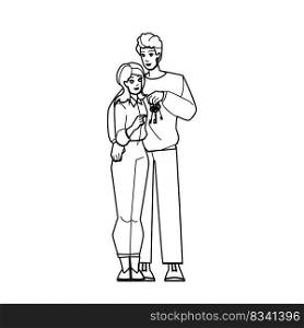 couple buing home line pencil drawing vector. happy together, house female male, woman, new mortgage, family estate, person two, indoors couple buing home character. people Illustration. couple buing home vector