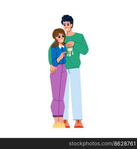 couple buing home vector. happy together, house female male, woman, new mortgage, family estate, person two, indoors couple buing home character. people flat cartoon illustration. couple buing home vector