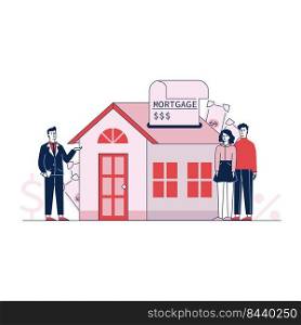 Couple buying home property with bank credit vector illustration. Broker offering house to young people for rent. Mortgage loan and investing money concept.