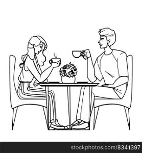couple cafe line pencil drawing vector. woman man coffee, love female, lifestyle sitting, dating restaurant, adult romantic, romance happy couple cafe character. people Illustration. couple cafe vector