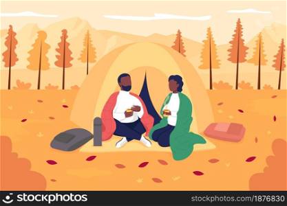 Couple camping in autumn flat color vector illustration. Recreational activity in november. Autumn hiking. Happy boyfriend and girlfriend 2D cartoon characters with landscape on background. Couple camping in autumn flat color vector illustration
