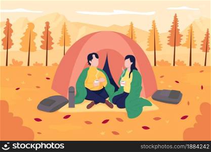 Couple camping in october flat color vector illustration. Recreational activity in november. Autumn relaxation. Happy boyfriend and girlfriend 2D cartoon characters with landscape on background. Couple camping in october flat color vector illustration