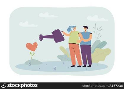 Couple caring about love vector illustration. Joyful smiling man and woman watering heart shaped flower symbolizing their love. Happy relationship concept for banner, website design or landing page