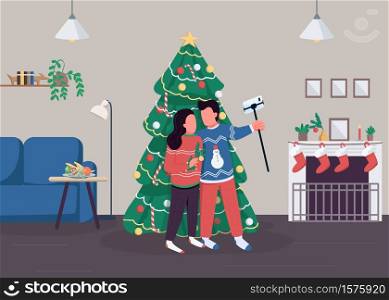 Couple celebrate Christmas flat color vector illustration. Man and woman take selfie with xmas tree. Boyfriend and girlfriend 2D cartoon characters with decorated household on background. Couple celebrate Christmas flat color vector illustration