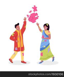 Couple celebrating Holi semi flat color vector characters. Dynamic figures. Full body people on white. Holiday celebration isolated modern cartoon style illustration for graphic design and animation. Couple celebrating Holi semi flat color vector characters