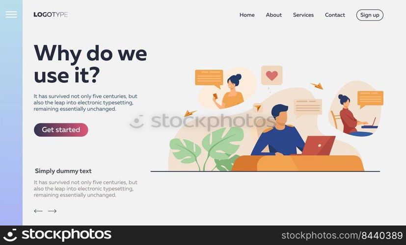 Couple chatting on dating website. Happy man and woman using laptops and cells with speech bubbles above. Vector illustration for internet communication, social network, finding partner concept