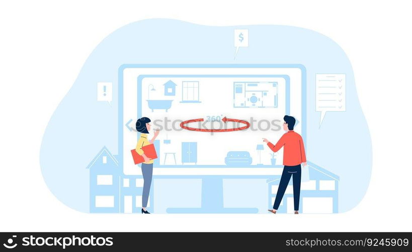 Couple choose apartment or new home. Online real estate and flat video review on computer screen. Young family mortgage vector concept. Illustration of couple buy apartment. Couple choose apartment or new home. Online real estate and flat video review on computer screen. Young family mortgage vector concept