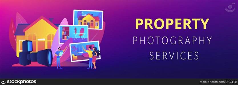 Couple choosing apartment. Real estate photography, property photography services, photography for realtors and advertisement concept. Header or footer banner template with copy space.. Real estate photography concept banner header
