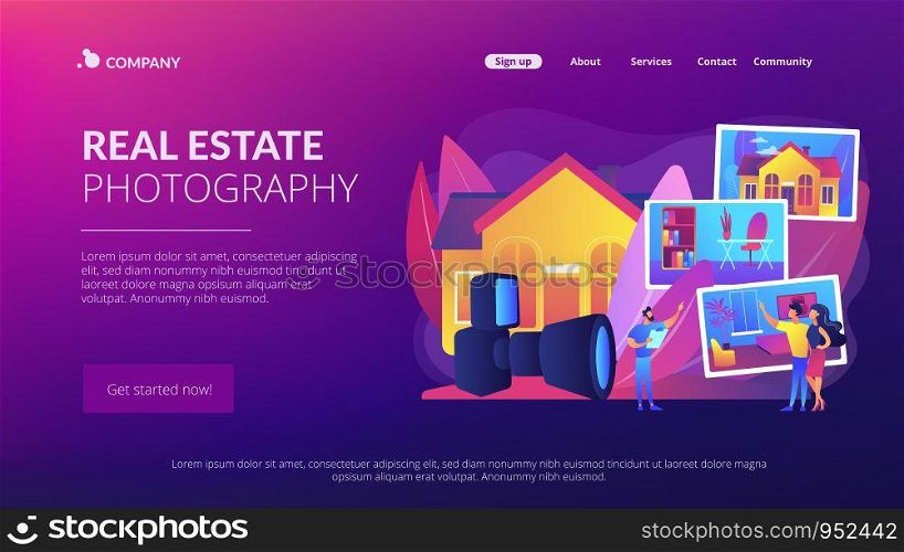 Couple choosing apartment. Real estate photography, property photography services, photography for realtors and advertisement concept. Website homepage landing web page template.. Real estate photography concept landing page