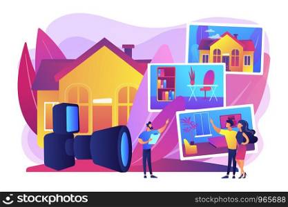 Couple choosing apartment. Real estate photography, property photography services, photography for realtors and advertisement concept. Bright vibrant violet vector isolated illustration. Real estate photography concept vector illustration