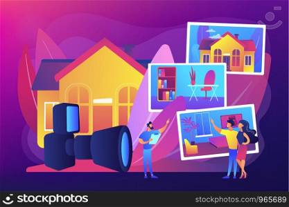Couple choosing apartment. Real estate photography, property photography services, photography for realtors and advertisement concept. Bright vibrant violet vector isolated illustration. Real estate photography concept vector illustration