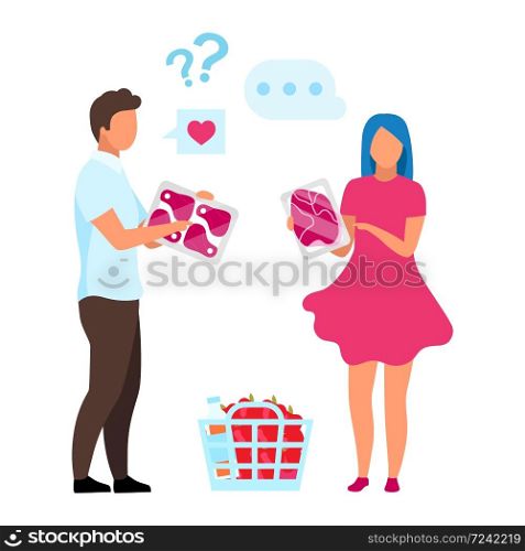 Couple choosing meat flat vector illustration. Indecisive wife and husband in supermarket doing purchases cartoon characters. Consumers buying goods. Family making product choice in grocery store