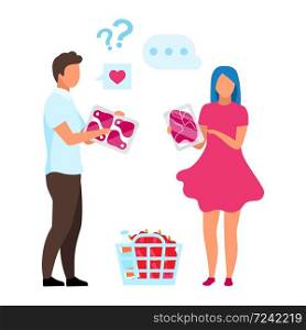 Couple choosing meat flat vector illustration. Indecisive wife and husband in supermarket doing purchases cartoon characters. Consumers buying goods. Family making product choice in grocery store