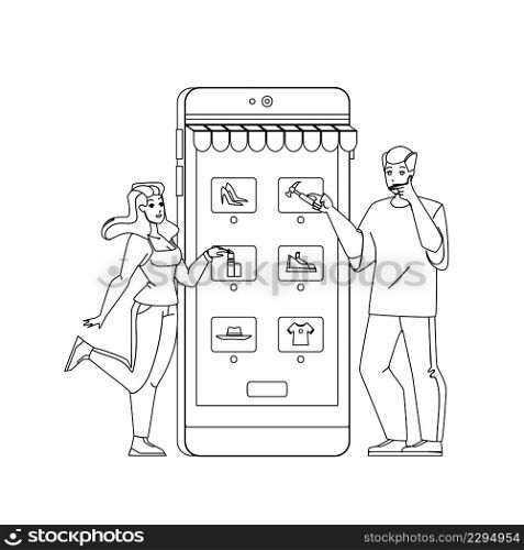 Couple Choosing Product In Smartphone App Black Line Pencil Drawing Vector. Man And Woman Using Digital Electronic Device Mobile Phone For Choosing Product. Characters Internet Store Application. Couple Choosing Product In Smartphone App Vector