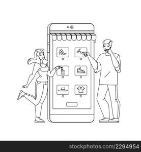 Couple Choosing Product In Smartphone App Black Line Pencil Drawing Vector. Man And Woman Using Digital Electronic Device Mobile Phone For Choosing Product. Characters Internet Store Application. Couple Choosing Product In Smartphone App Vector