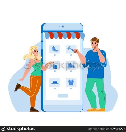 Couple Choosing Product In Smartphone App Vector. Man And Woman Using Digital Electronic Device Mobile Phone For Choosing Product. Characters Internet Store Application Flat Cartoon Illustration. Couple Choosing Product In Smartphone App Vector
