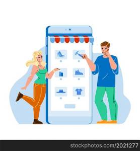 Couple Choosing Product In Smartphone App Vector. Man And Woman Using Digital Electronic Device Mobile Phone For Choosing Product. Characters Internet Store Application Flat Cartoon Illustration. Couple Choosing Product In Smartphone App Vector