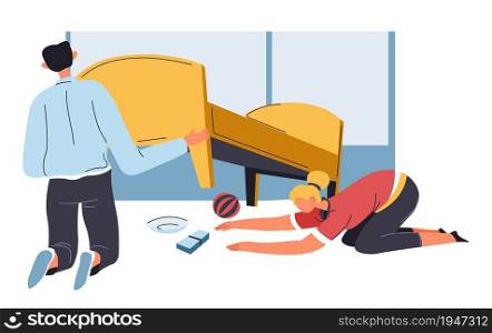 Couple cleaning house, man holding sofa and woman tidying floor surface from children toys. Household chores and cleanliness of home, cleanup of living room, daily routine. Vector in flat style. Man and woman cleaning floor under sofa vector