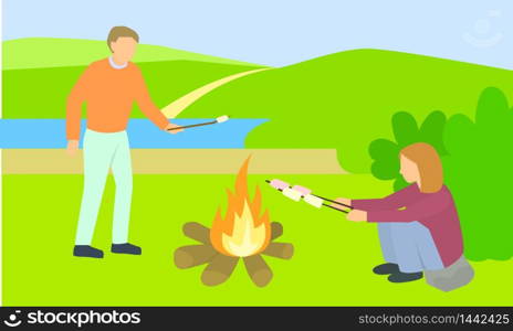 Couple cooking marshmallow concept banner. Flat illustration of couple cooking marshmallow vector concept banner for web design. Couple cooking marshmallow concept banner, flat style