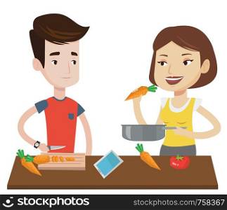Couple cooking together fresh healthy vegetables. Young couple preparing vegetable meal. Caucasian couple cooking healthy vegetable meal. Vector flat design illustration isolated on white background.. Couple cooking healthy vegetable meal.