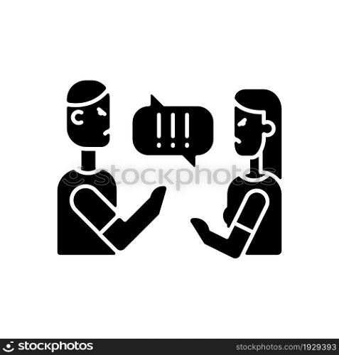 Couple criticizing each other black glyph icon. Young people quarreling. Open criticism on partner. Family arguing and disagreeing. Silhouette symbol on white space. Vector isolated illustration. Couple criticizing each other black glyph icon