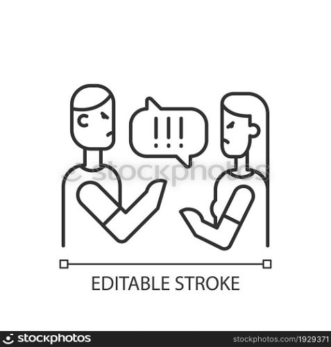 Couple criticizing each other linear icon. Young people quarreling. Family argue and disagree. Thin line customizable illustration. Contour symbol. Vector isolated outline drawing. Editable stroke. Couple criticizing each other linear icon